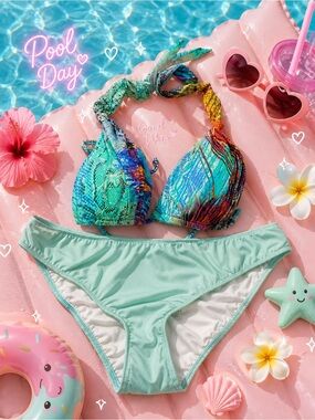 Tropical Print Halter Bikini Top with Mint Bikini Bottoms